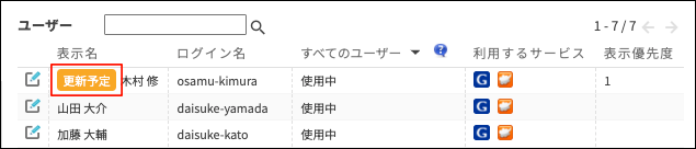 スクリーンショット：［組織とユーザーの設定］画面。［更新予定］が枠線で強調されている