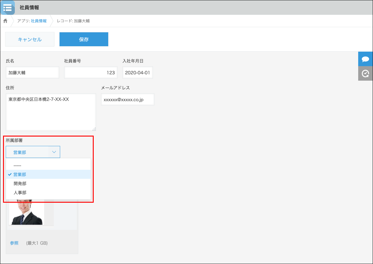 スクリーンショット：完成した［レコードの詳細］画面