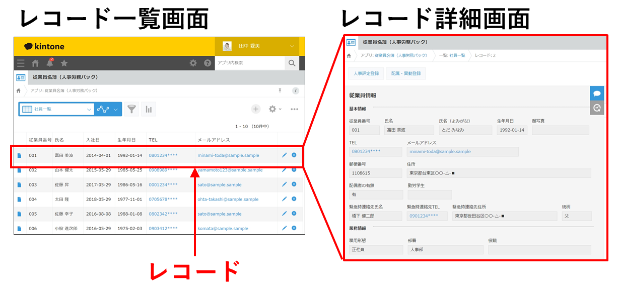 スクリーンショット：レコード一覧画面とレコード詳細画面を表示している