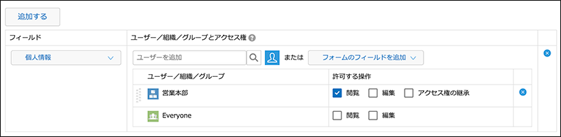 スクリーンショット：フィールドのアクセス権の設定例