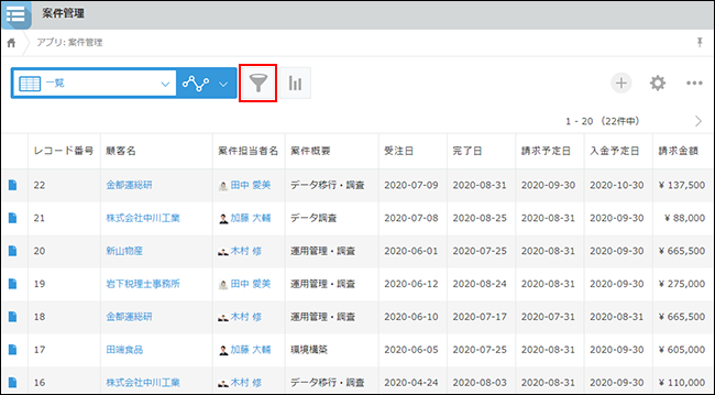 スクリーンショット：［レコードの一覧］画面で［絞り込む］アイコンを赤枠で強調している