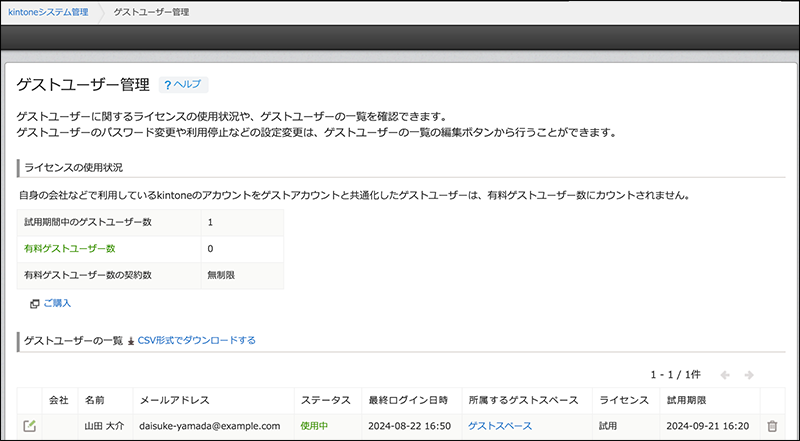 スクリーンショット：［ゲストユーザー管理］画面