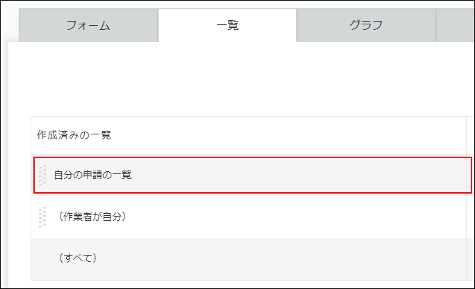 スクリーンショット：［一覧］タブの［作成済みの一覧］で「自分の申請の一覧」が枠線で強調されている