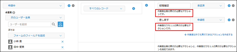 スクリーンショット：［作業者のうち1人の実行が必要なアクション］の入力欄が追加されている画面