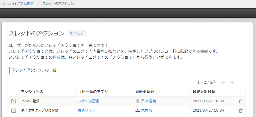 スレッドアクションの管理画面